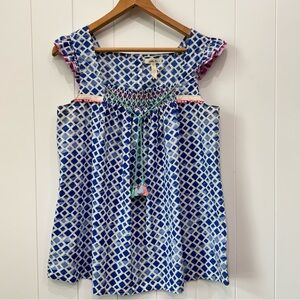 Matilda Jane Smocked Ruffle Sleeves Tunic With Tassels Top Blue White Medium